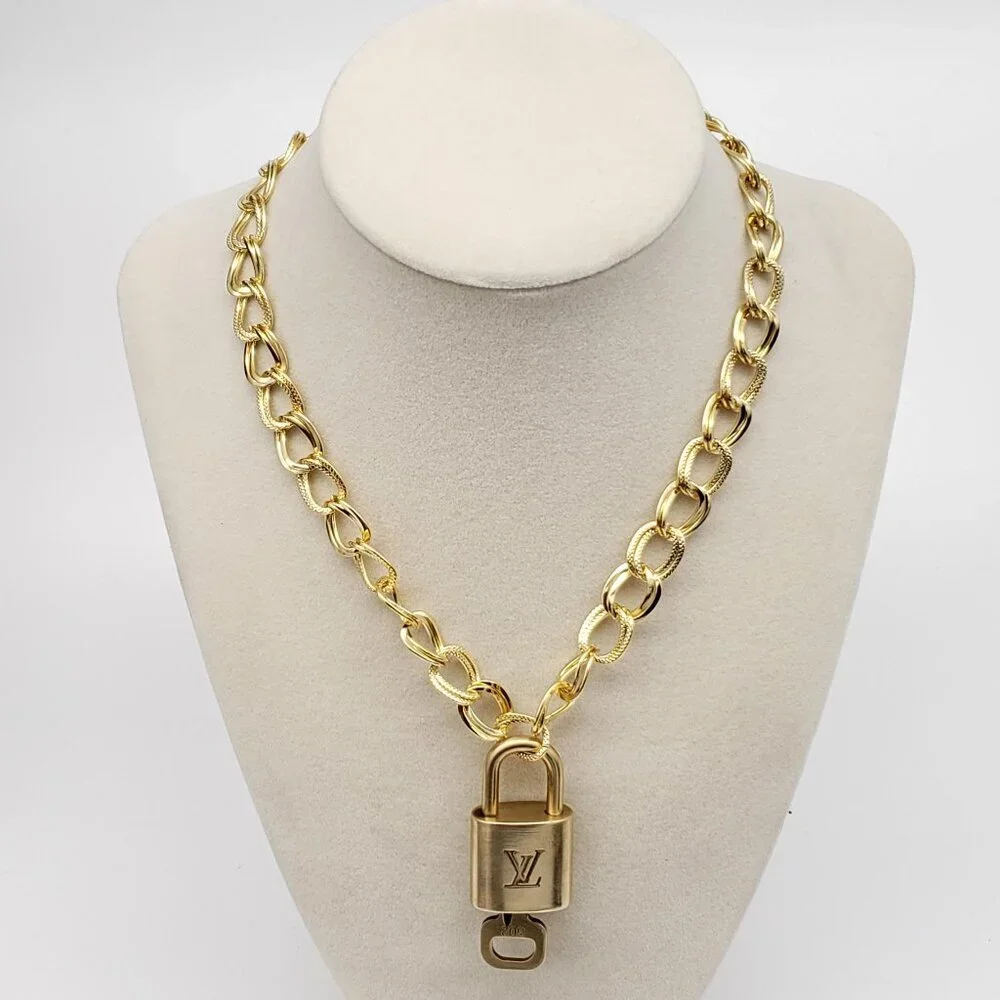 Authentic Louis Vuitton Gold Padlock w/ Unbranded Fashion Stainless Steel Chain